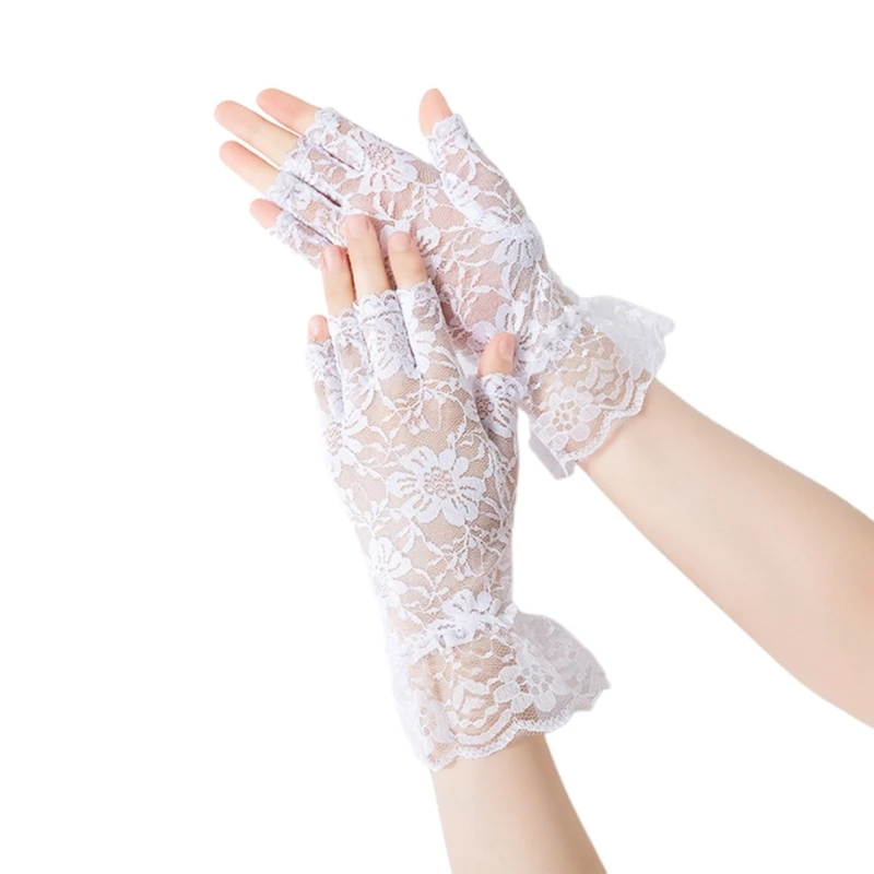 Women Floral Decor Fishnet Short Gloves Lace Gloves Summer Wedding Accessories