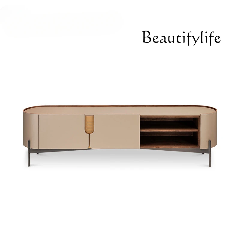 Italian Minimalist Walnut round Corner TV Cabinet Nordic Light Luxury Designer Model Living Room Floor Cabinet