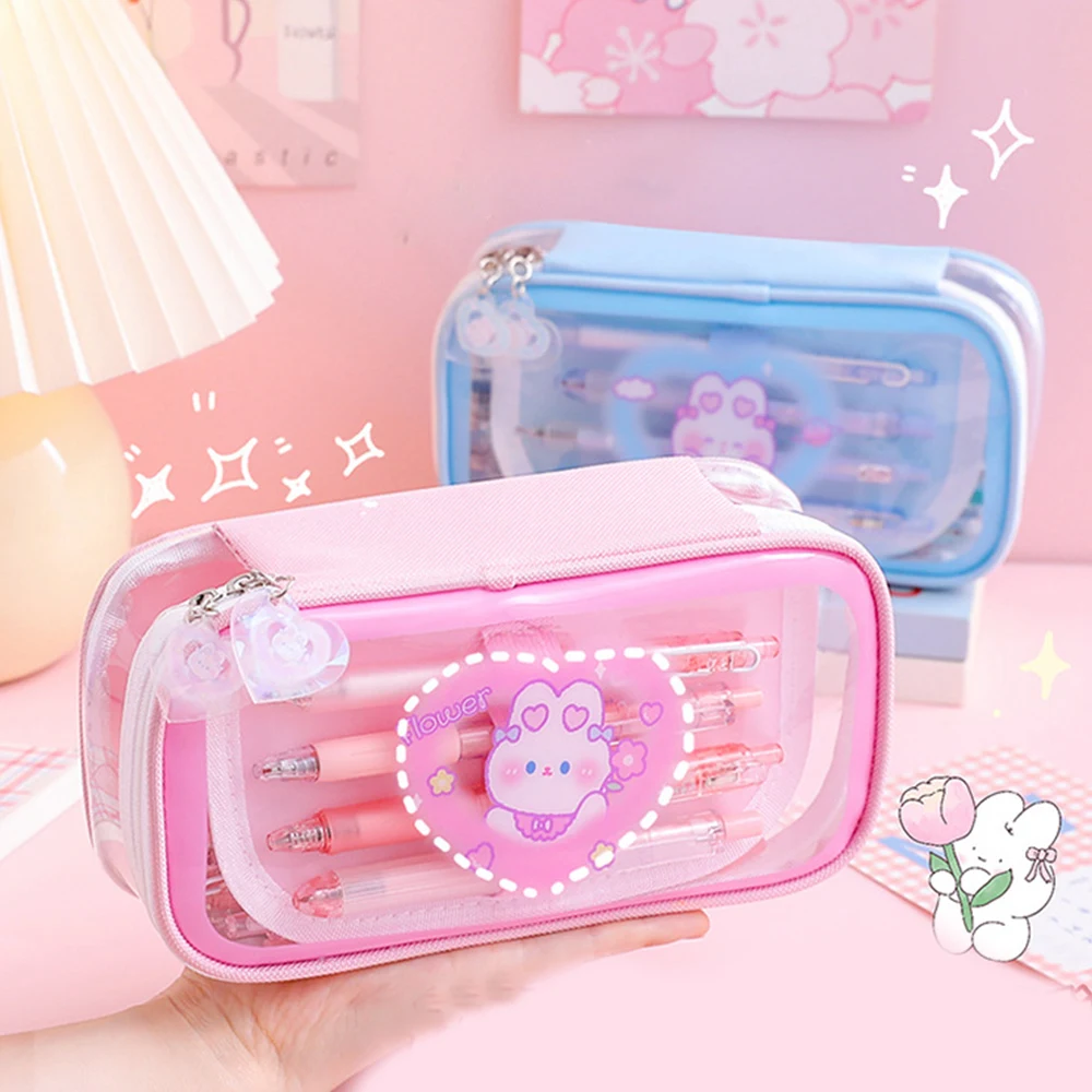 Large Capacity Cartoon Pencil Case Transparent Cosmetic Bag Waterproof Pen Case Cute Rabbit Student School Stationery Pencil Bag