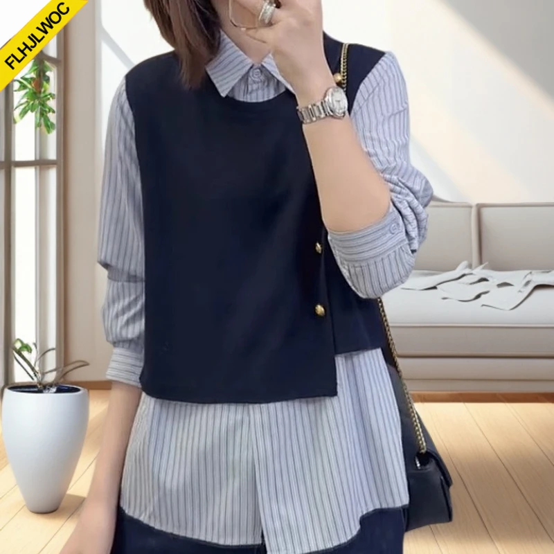 

Hot Sales New 2025 Office Blouse Women Fashion Cute Sweet Preppy Style Girls Patchwork Striped Tops Fake Two Piece Design Shirts