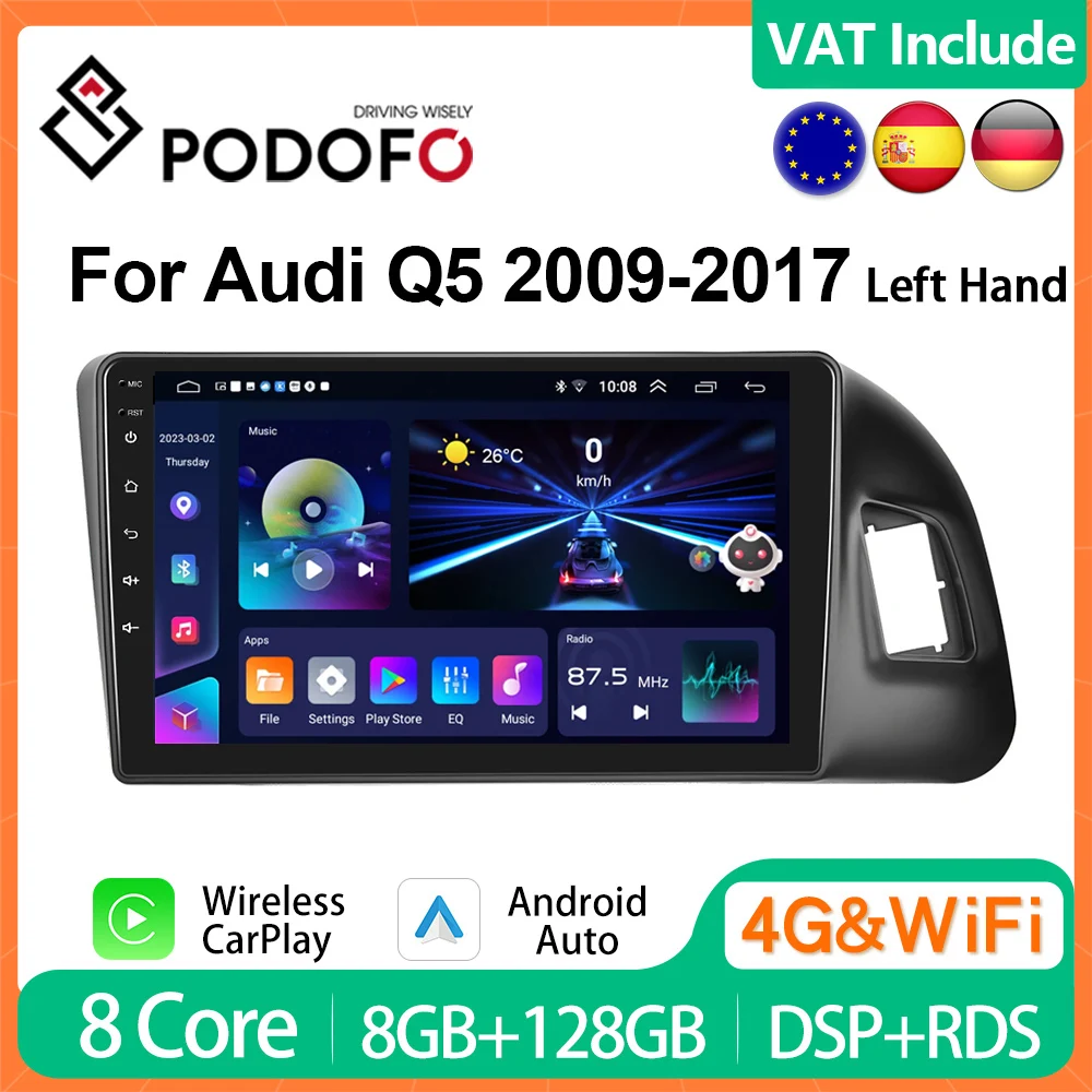 Podofo 8G+128G Android Car Radio For Audi Q5 8R 2009-2017 Multimedia Player 2din GPS Navigation GPS HiFi Head Unit DSP 4G Stereo