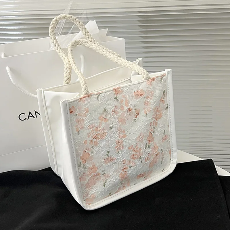 Japanese New Fashion Flower Canvas Tote Bag Women Ins Sweet Top-Handle Bento Bags Student Casual Textbook Handbag