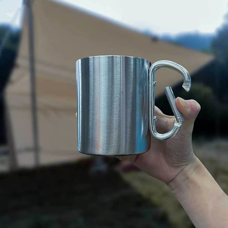 220/300ml Camping Travel Stainless Steel Cup Carabiner Hook Handle Picnic Water Mug Outdoor Travel Hike Cup