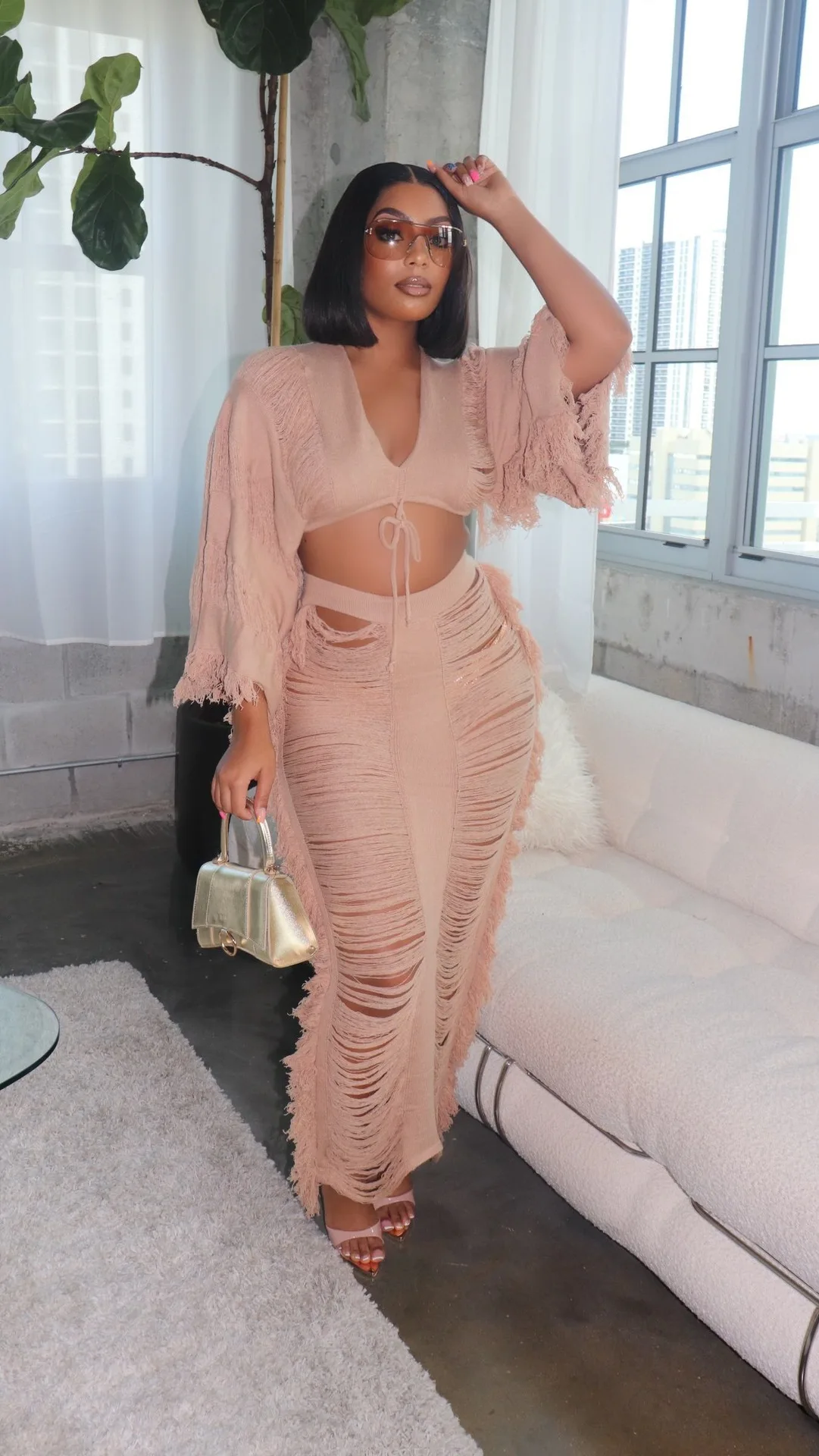 Women Sexy 2 Pieces Knitted Cutout Tassel Sweaters Tops+High Waist Ruffles Bodycon Maxi Skirts Summer Party Clubwear Beach Dress