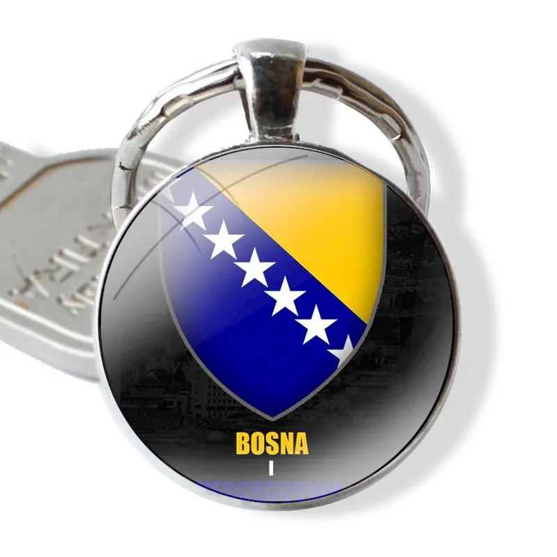 Keychain Handmade Glass Cabochon Key Ring Holder Pendant Key Chains Bosnia and Herzegovina Flag