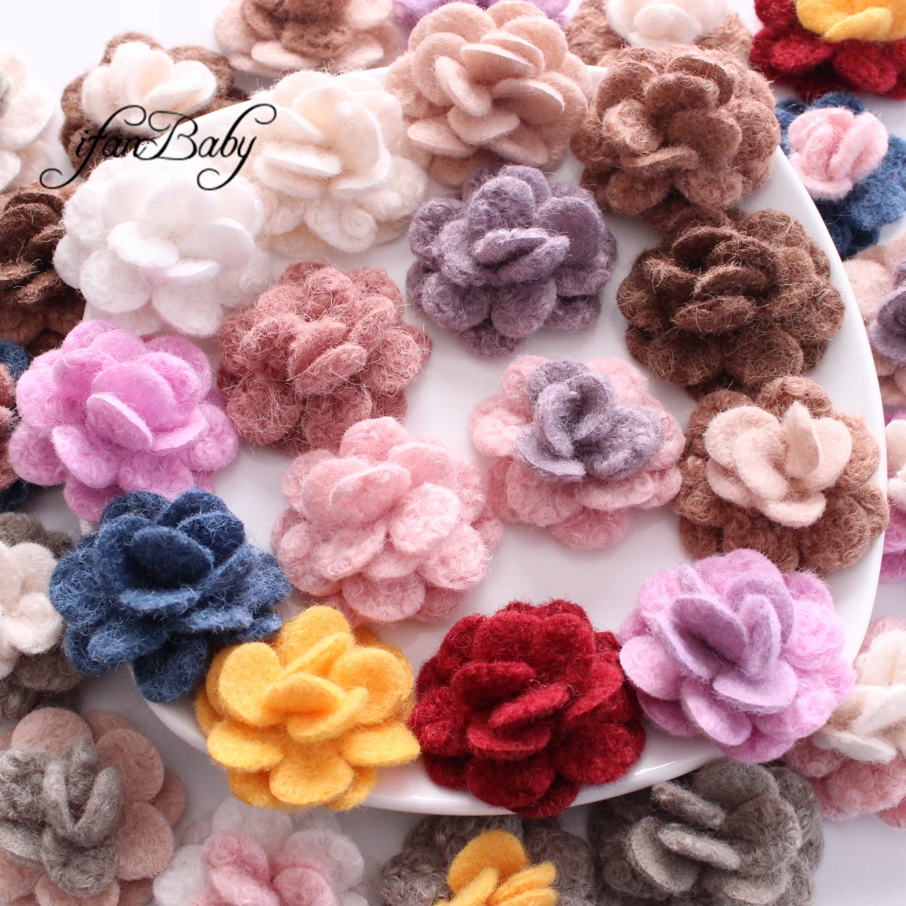 Fashion Kids DIY Accessories 5cm Felt Wool Flower Flat Back Girl Hair Flowers