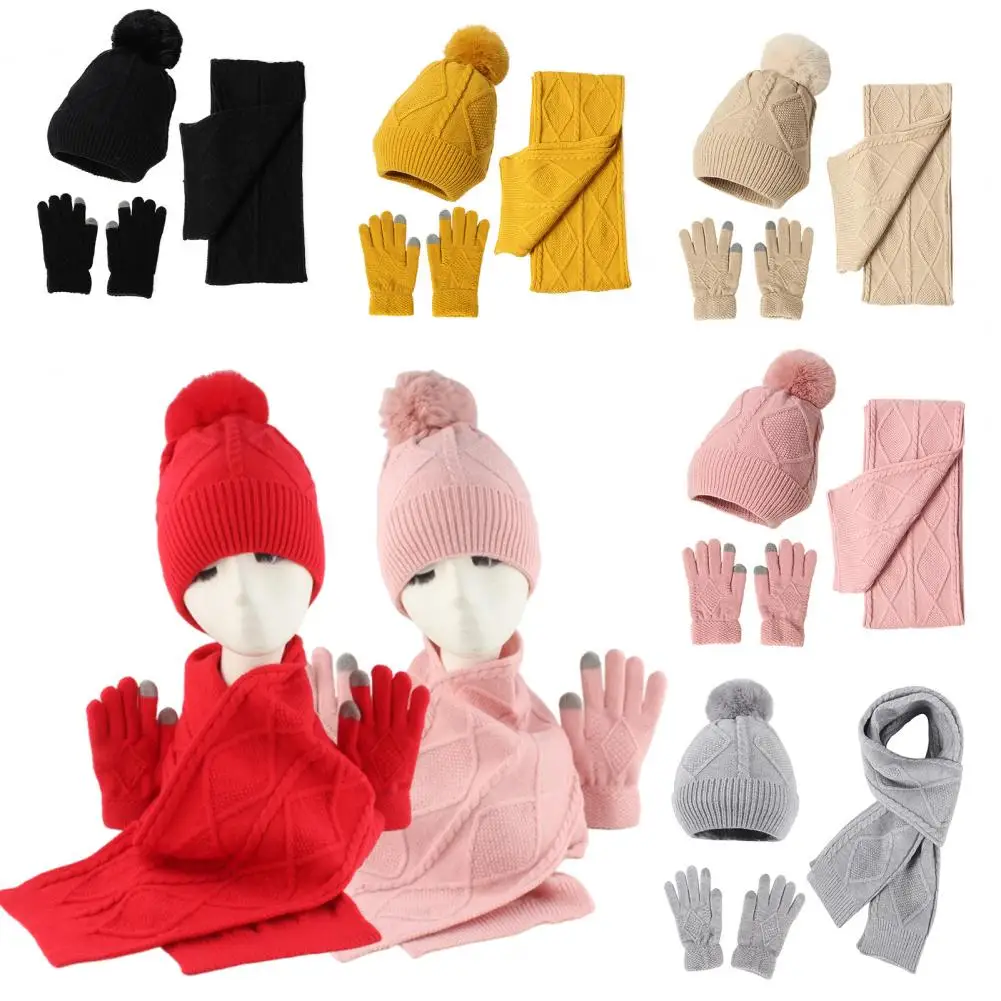 

Comfortable Hat Scarf Glove Set Women's Winter Accessories Set Plush Ball Decor Hat Rhombus Texture Scarf Touch Screen for Cold