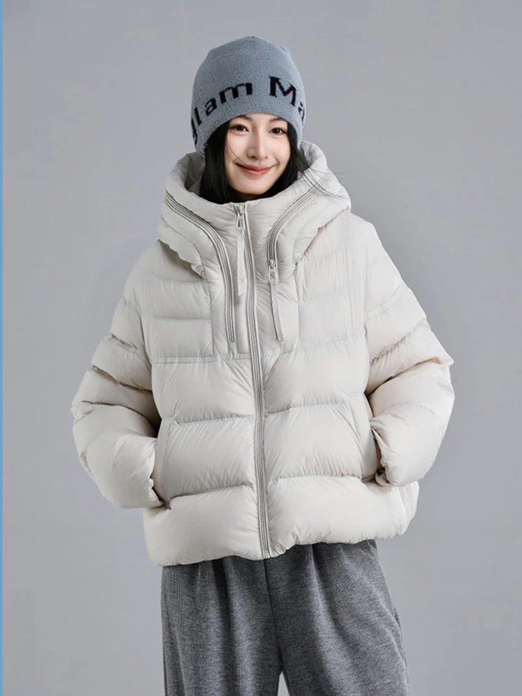 Fashion Zip Hooded down jacket for women Oversize 2025 Fall winter Solid color Warm 90% white duck down coat Casual INKEO DJ512