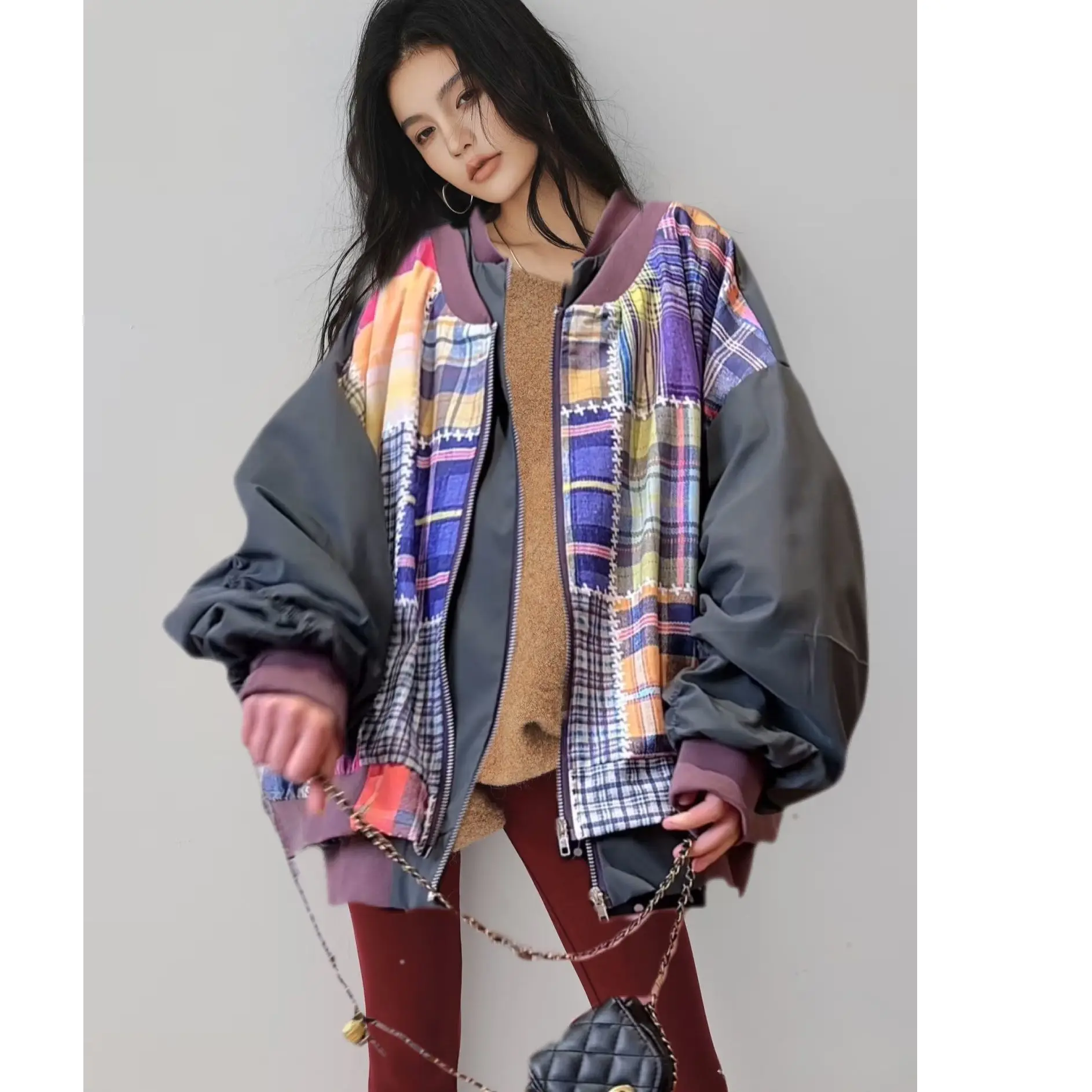 Coat Women Korean Fashion Patchwork 2026 Spring Autumn Long Sleeve Loose Style Women Coat Jacket