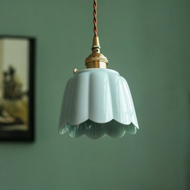 Retro Flower Lampshade LED Pendant Light Cafe Living Dining Room Bedroom Home Decor Vintage Ceramic Brass Hanglamp Luminaire