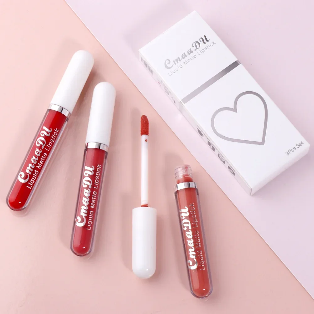 CmaaDu 3Pcs/Set Liquid Lip Gloss Lipstick Matte Finish Long-Lasting Colour Waterproof Lip Glaze Lipstick Cosmetic Makeup