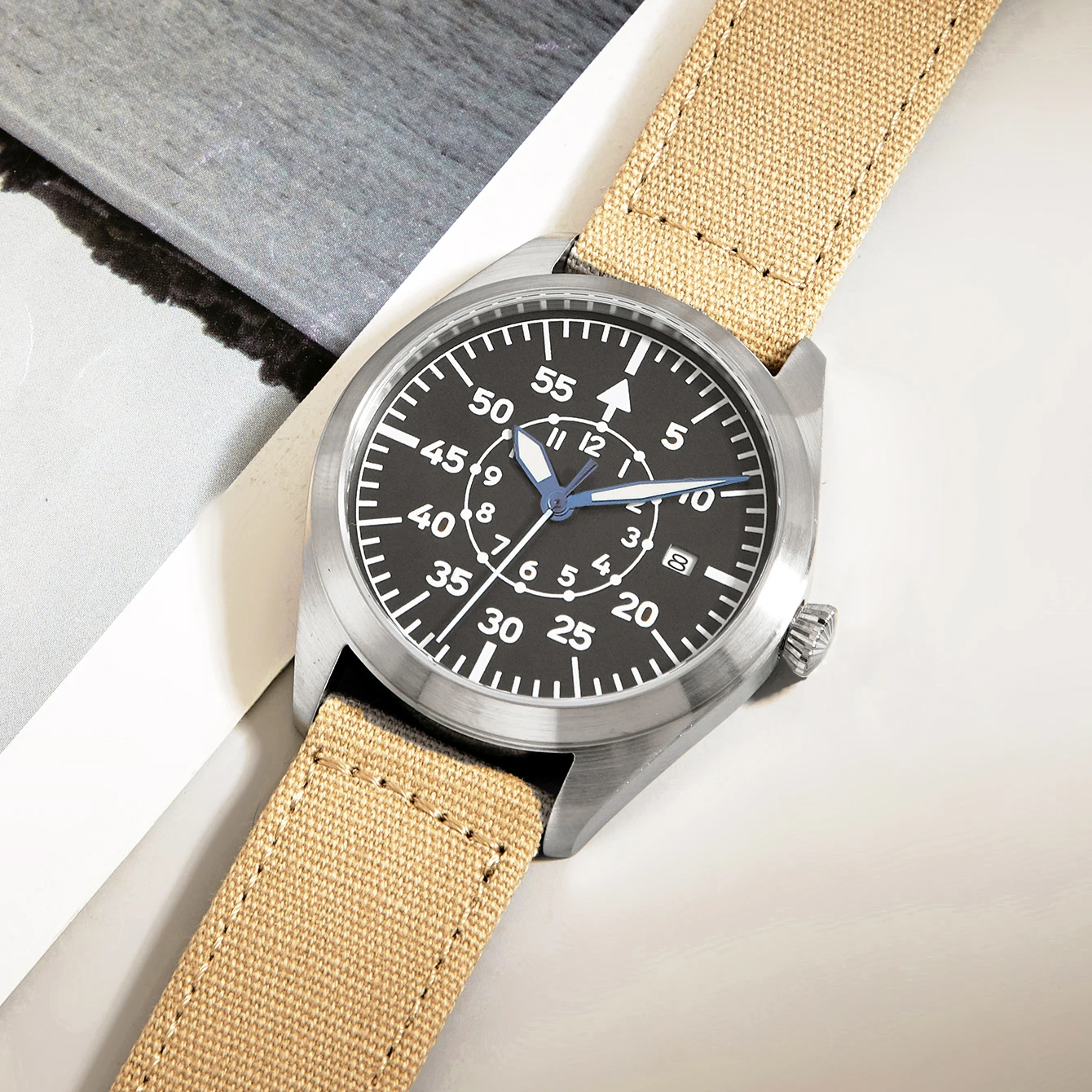 Canvas Khaki Mechanical Watch Flieger Aviator Pilot Steel Wristwatch Arrow WWII German WW2 Automatic Movement  Japan Sapphire