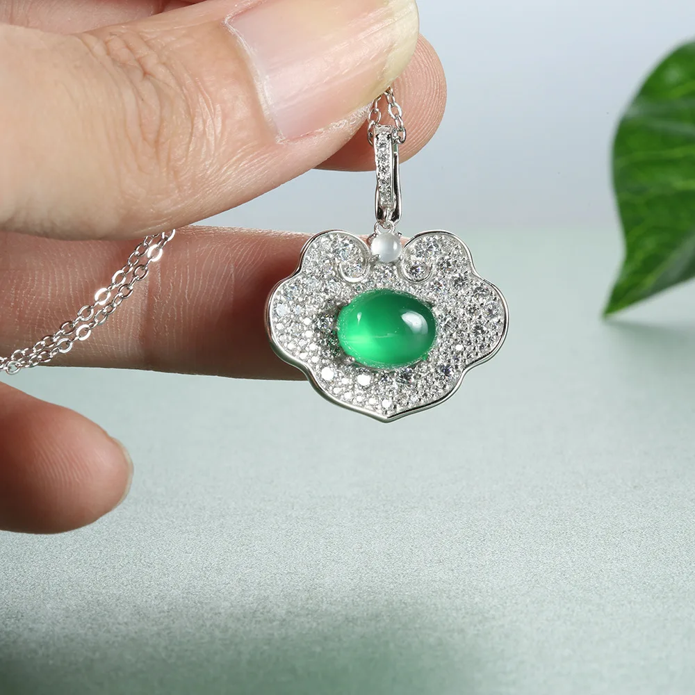 S925 Sterling Silver Necklace Female Ruyi Emperor Green Pendant Egg Surface Chalcedony Agate Clavicle Chain New Chinese Style