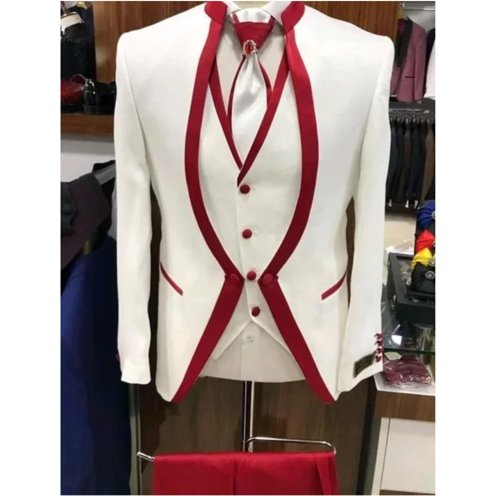 

White Red Rim Stage Clothing For Men Suit Set Mens Wedding Suits Costume Groom Tuxedo Formal (Jacket+pants+vest+tie)