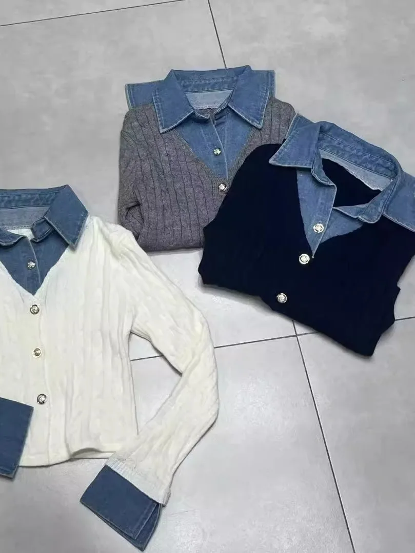 سليم صالح Ne الدينيم المرقعة تريكو المرأة خمر زر واحد تنوعا وهمية قطعتين تويست سترة تخفيف Sl...