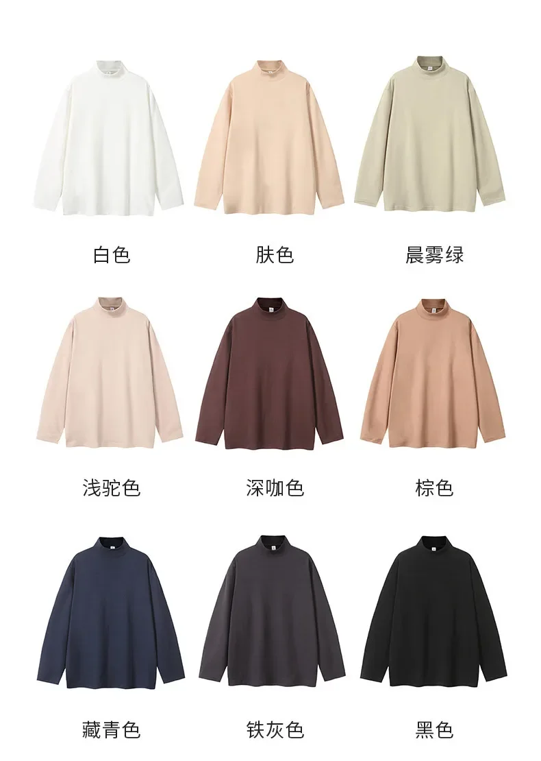 Neues Herren-T-Shirt für Herbst und Winter, lässig, locker geschnitten, langärmelig, einfarbig, aus einem Materialmix, mit hohem Rundhalsausschnitt, schmal geschnitten, Oberteil, T-Shirt. – Detail 2