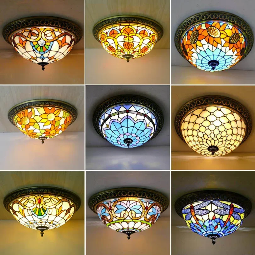 

Turkish Vintage Ceiling Lights Tiffany Mounted Lamps Round Glass Bedroom Hotel Hallway Living Room Decoration Lighting