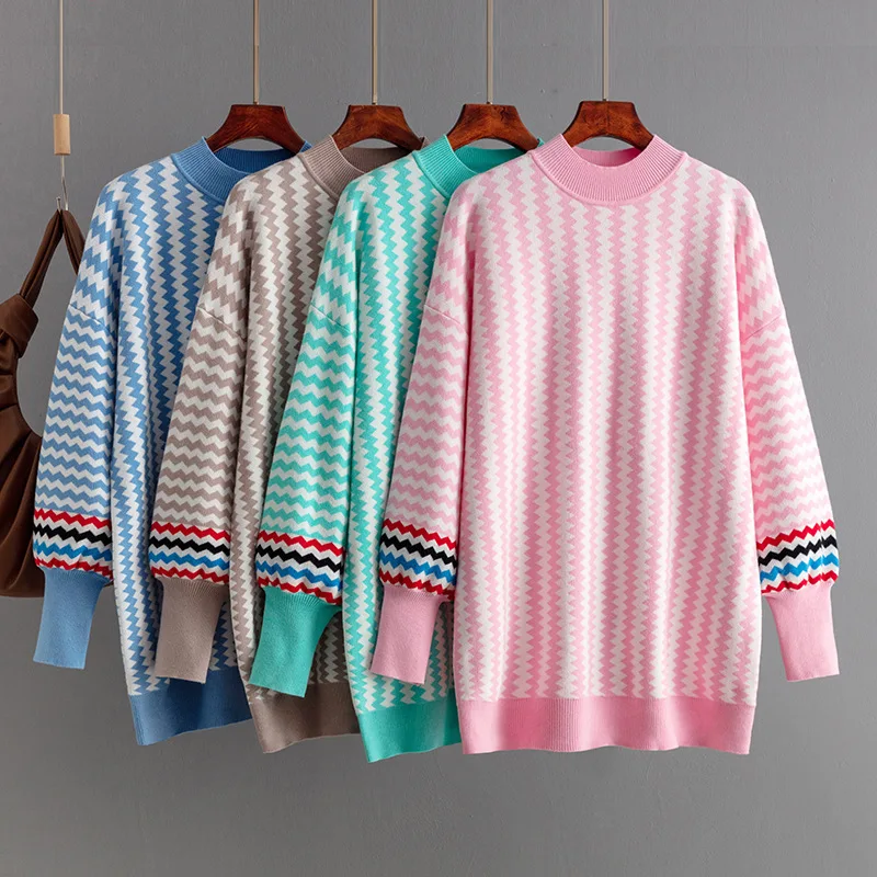 

Europe and America Sweaters Pullover Autumn and Winter Medium and Long Styles Round Neck Stripe Loose and Comfortable