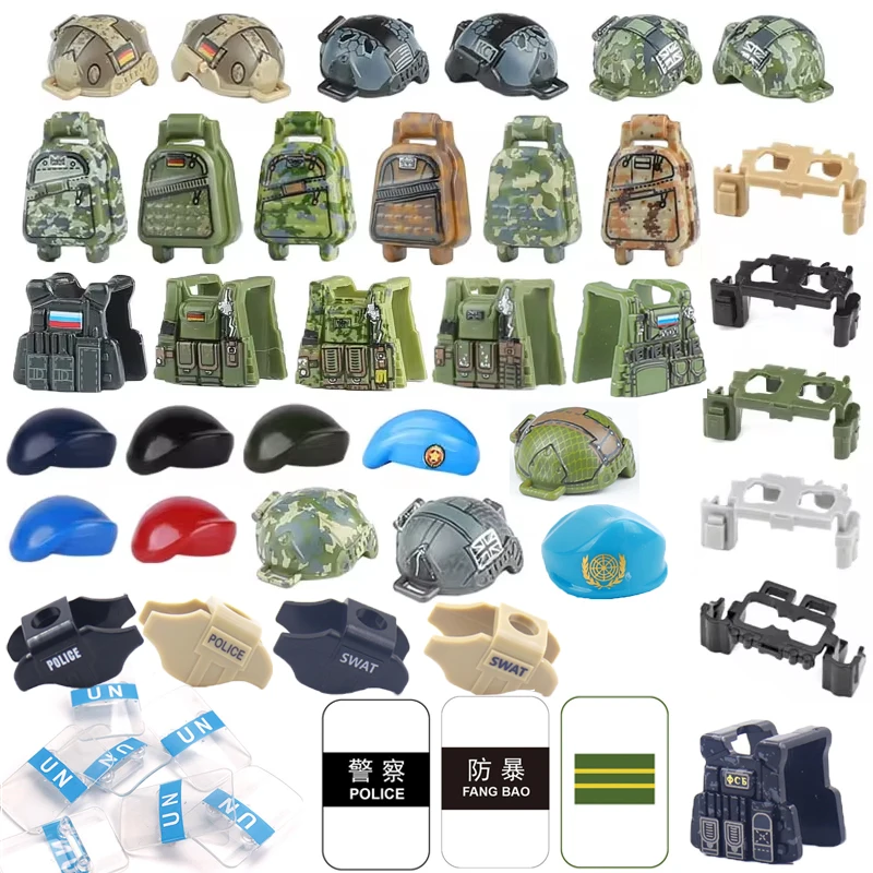 MOC Military Helmet Vest Building Blocks Soldier Figures Backpack Guard Hat Weapons Army SAS KSK Accessories Gun Bricks Toys