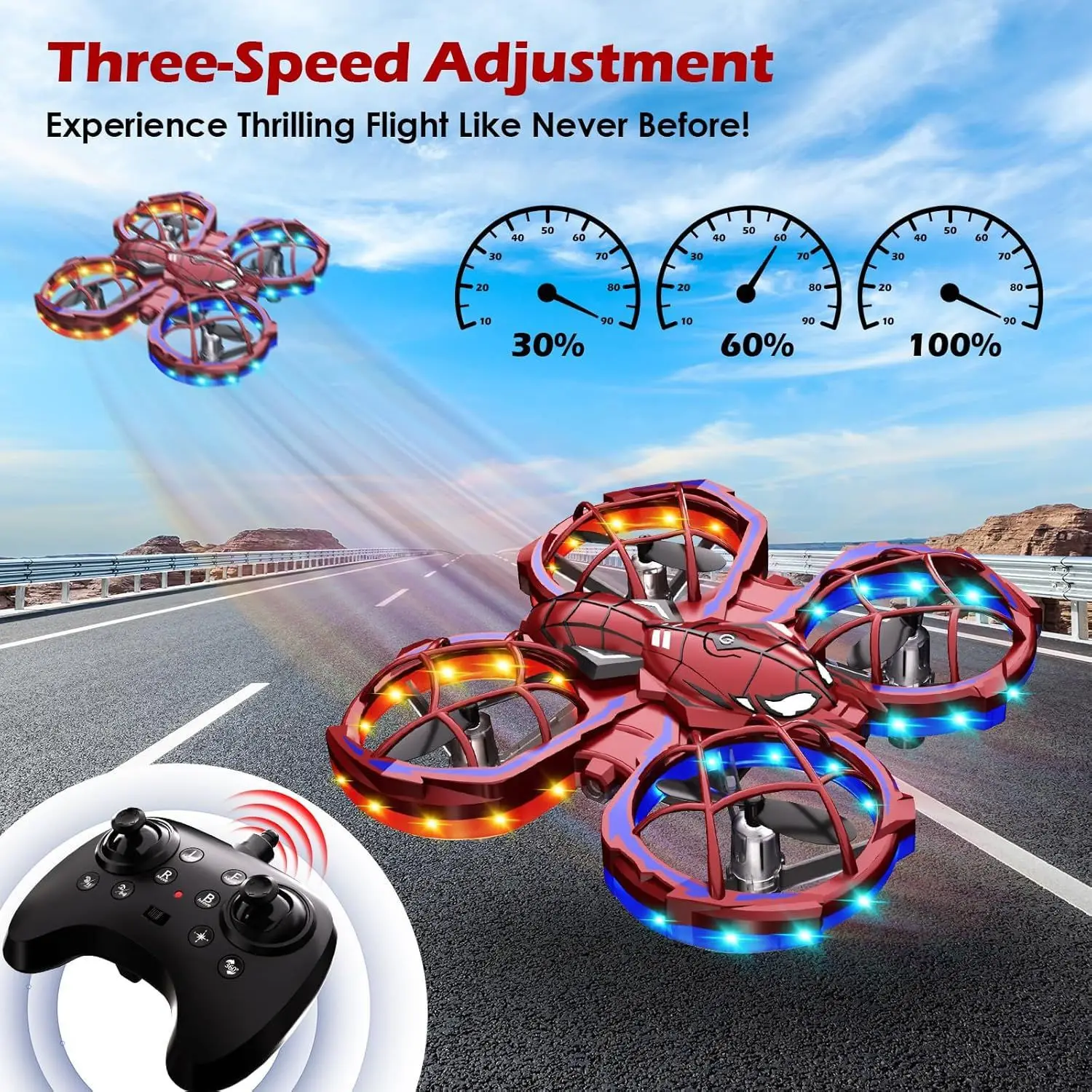 Mini Spider Drone 3-Speed Modes Red, Obstacle Avoidance, Headless Mode, Beginner Flight Training, Kids Gift Toy
