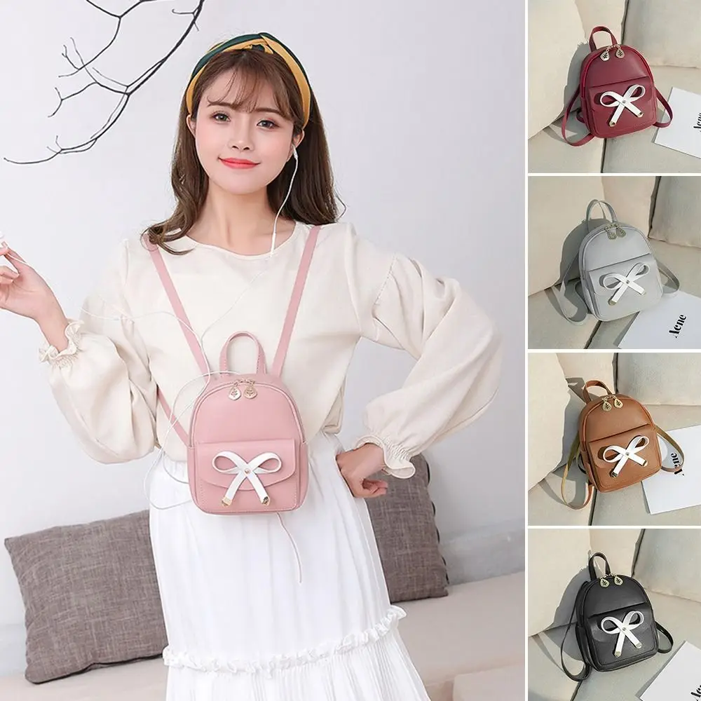 

Graceful Handheld Mini Backpack PU Leather Leaf Hollow Shoulder Bag Bow-knot Kawaii Backpack Women