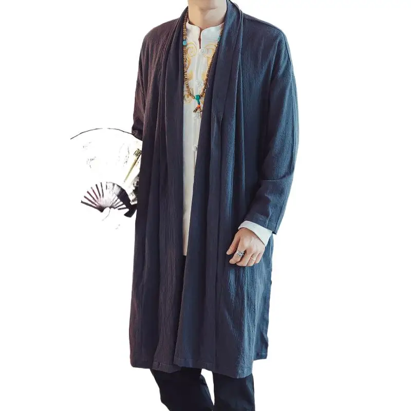 Men long wind breaker jacket Plus size coat Chinese style men's road robe cardigan cotton linen Hanfu 6XL Kung Fu clothes cloak