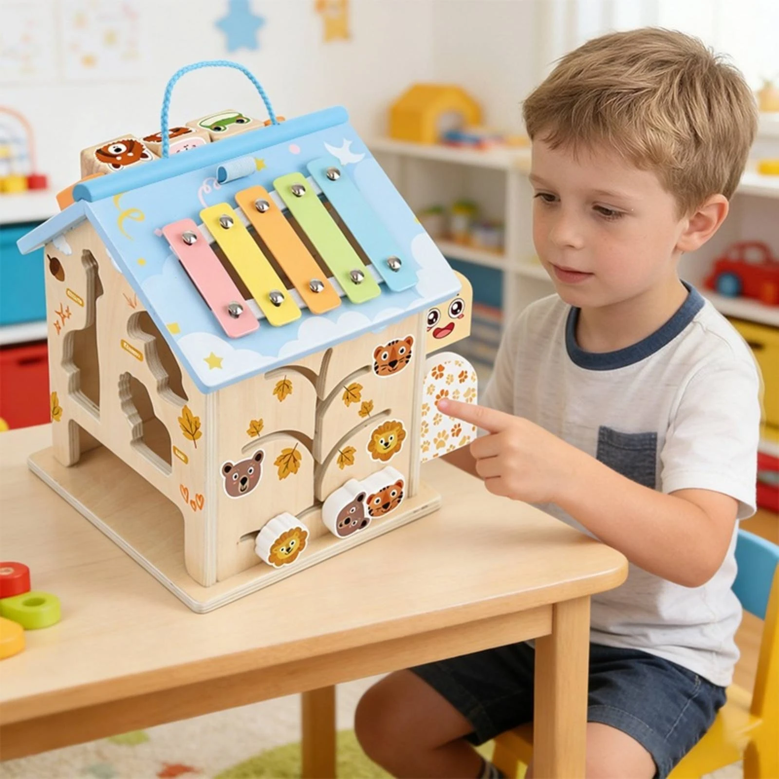 Shape Sorter House with Xylophone Child-Centered Wooden Activity House Playhouse with Accessories Developmental for Toddlers