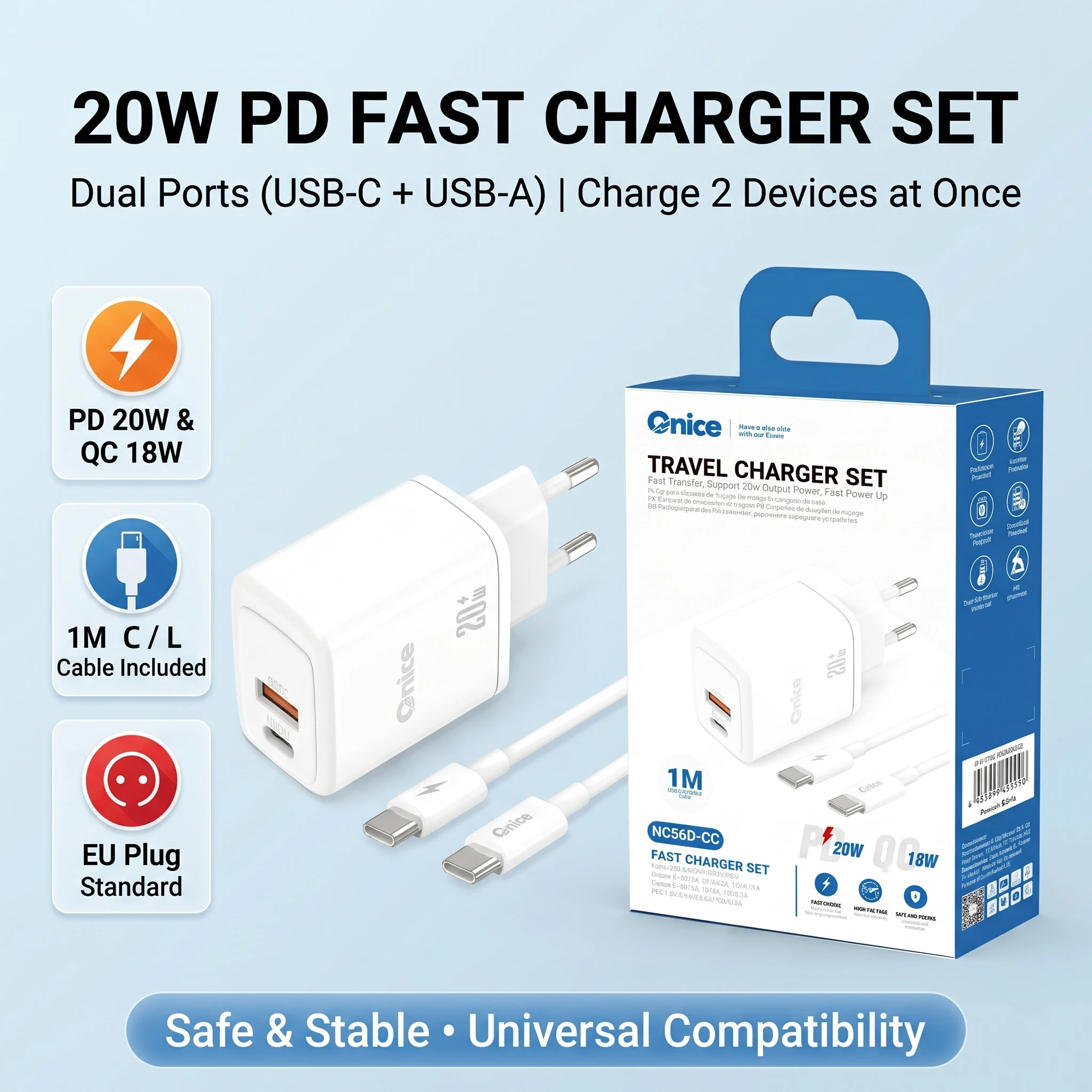 For iPhone Charging Kit 20W Dual Port Charger USB A Type C PD QC EU Charger Block with Cable For iPhone 17 16 15 14 13 12 11 Pro