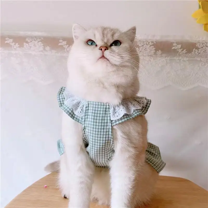 Spring Summer New Little Flying Sleeves Cat Dress Checkered Pet Vest Skirt Dog Clothes Girl Heart Cat Clothes