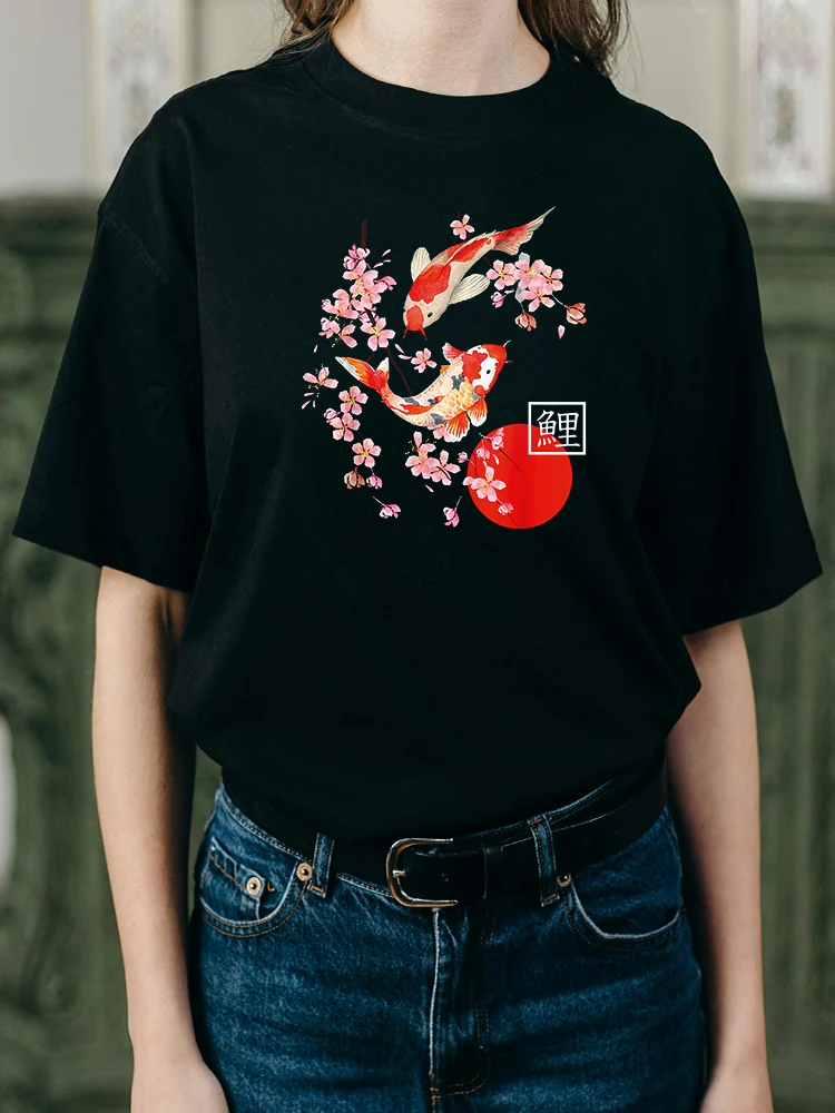 Cherry Blossom Koi Carp Fish Japanese Graphic Art Camiseta Summer  T Shirts Round neck printing womens t shirts