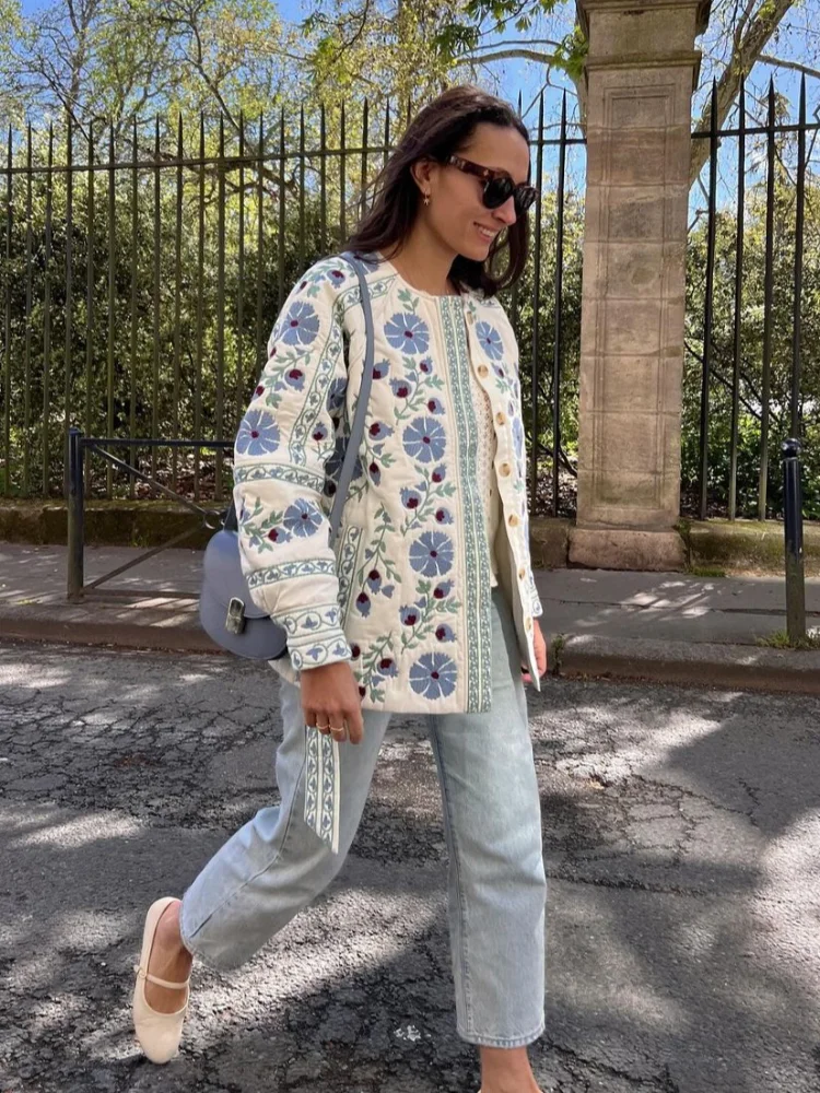 Chaqueta de algodón con estampado Floral para mujer, abrigo elegante de manga larga con cuello redondo y cinturón, a la moda, novedad de 2024