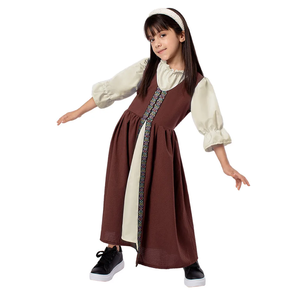 Kids Girls Medieval Retro Costume Dress Children Palace Cosplay Performance Stage Clothes Outfits Halloween Carnival Party Suit