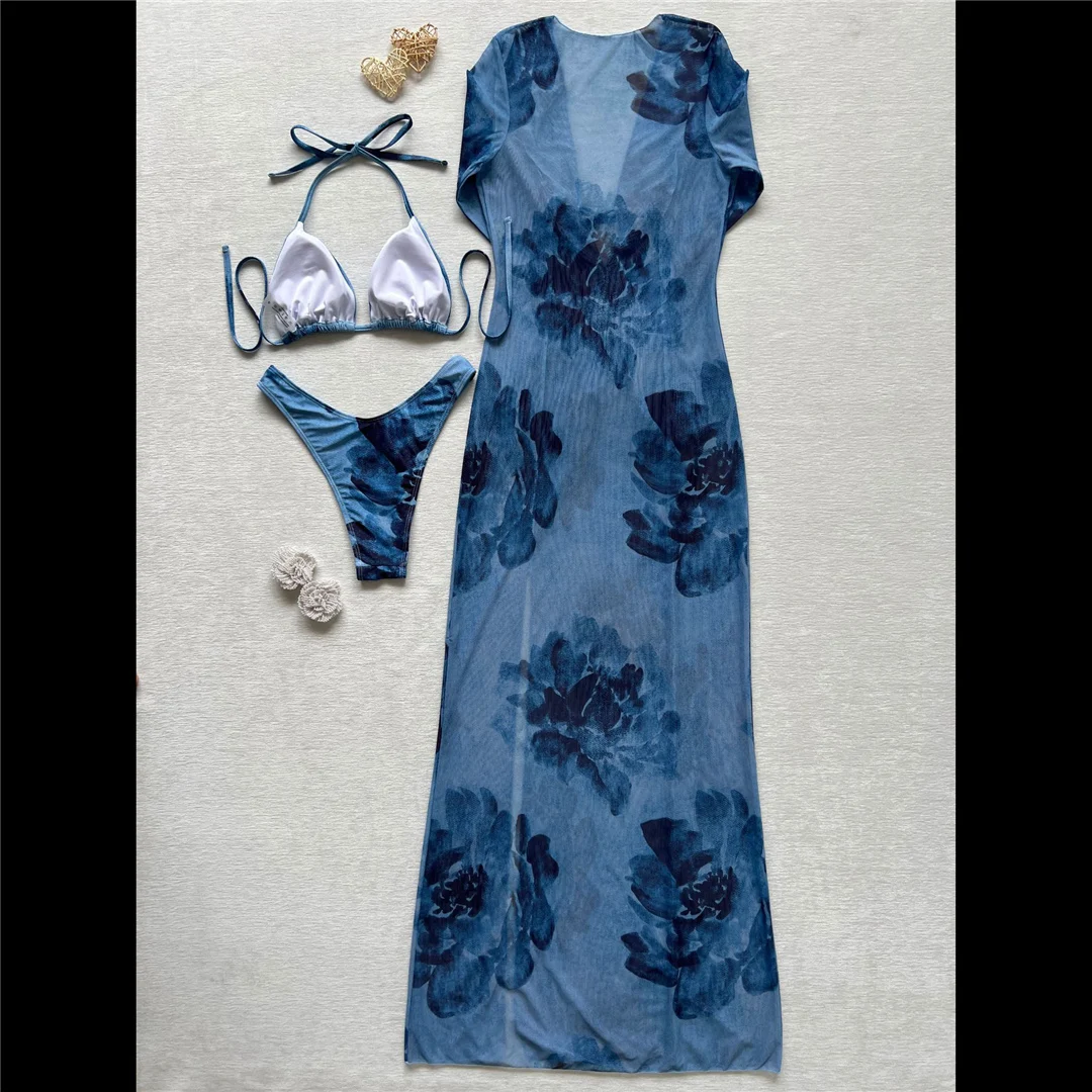 Mit langem, bedrucktem Bikini-Oberteil, Damen-Badebekleidung, dreiteiliges Bikini-Set, Badeanzug, Badebekleidung, Schwimmanzug V8389 – Detail 6
