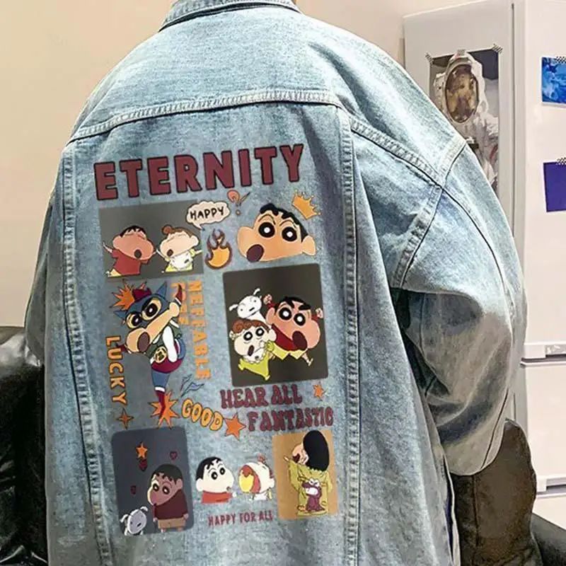 American Retro Workwear Jacket Crayon Shin-Chan Black Denim Coat Spring and Autumn Couple Loose High Street Jacket Trendy Gifts