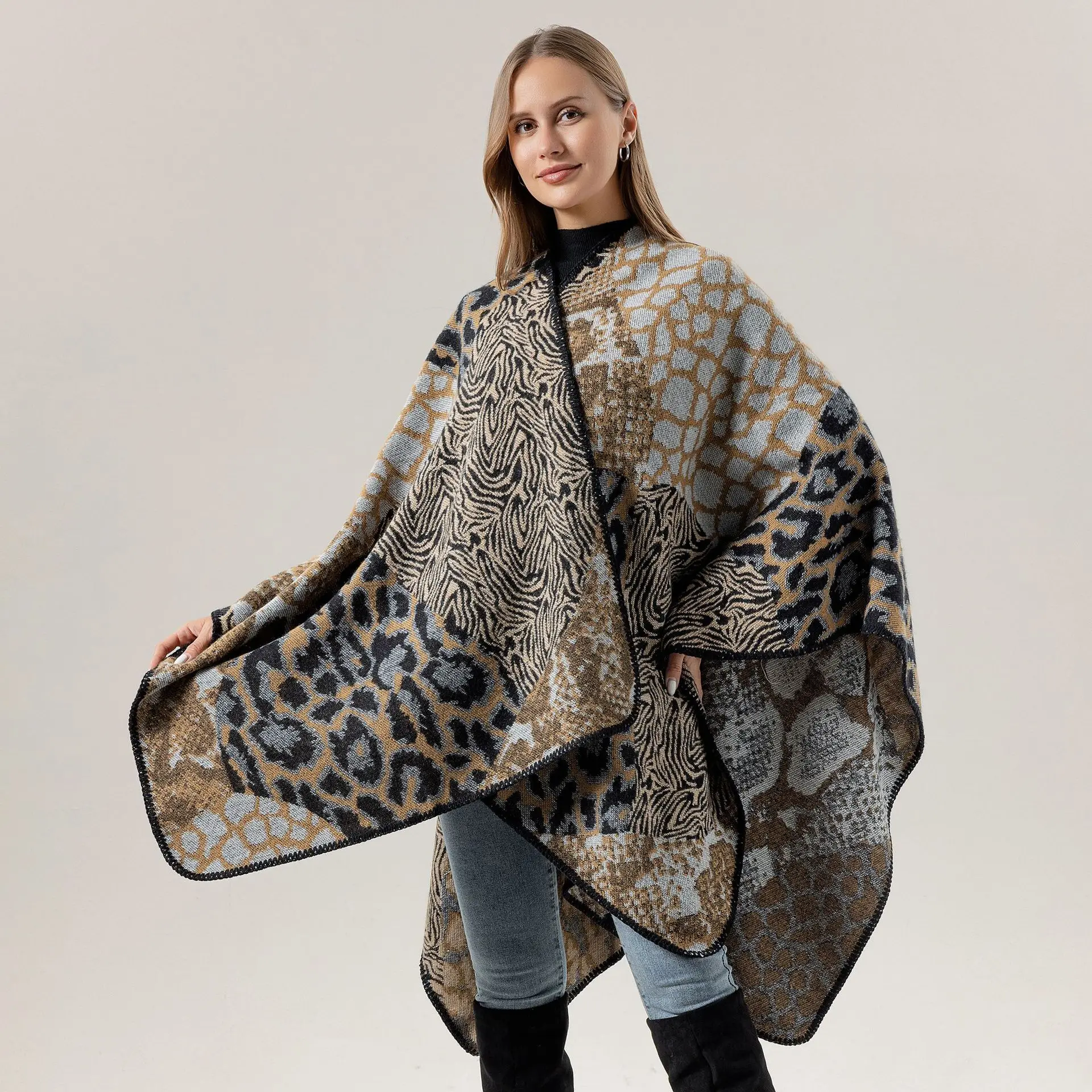 New Imitation Cashmere Leopard Print Cape Fashionable Travel Photography Cloak Women's High-end Sense Split Cape Dual-use Poncho