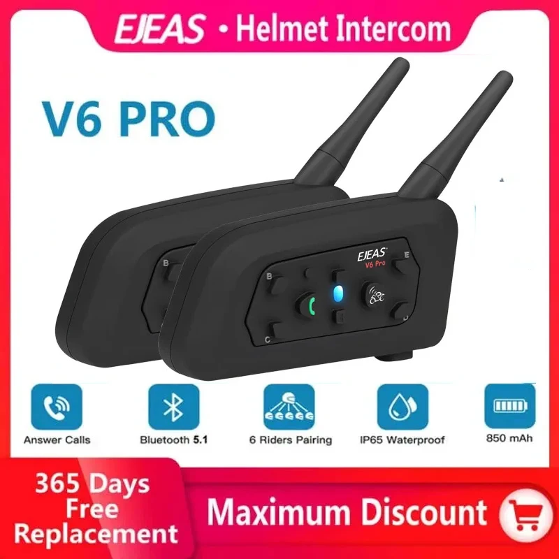 EJEAS V6PRO 오토바이 블루투스 헬멧 헤드셋 인터콤, 850mAh 모토 커뮤니케이터, 1200m 인터폰, 6 명의 라이더 