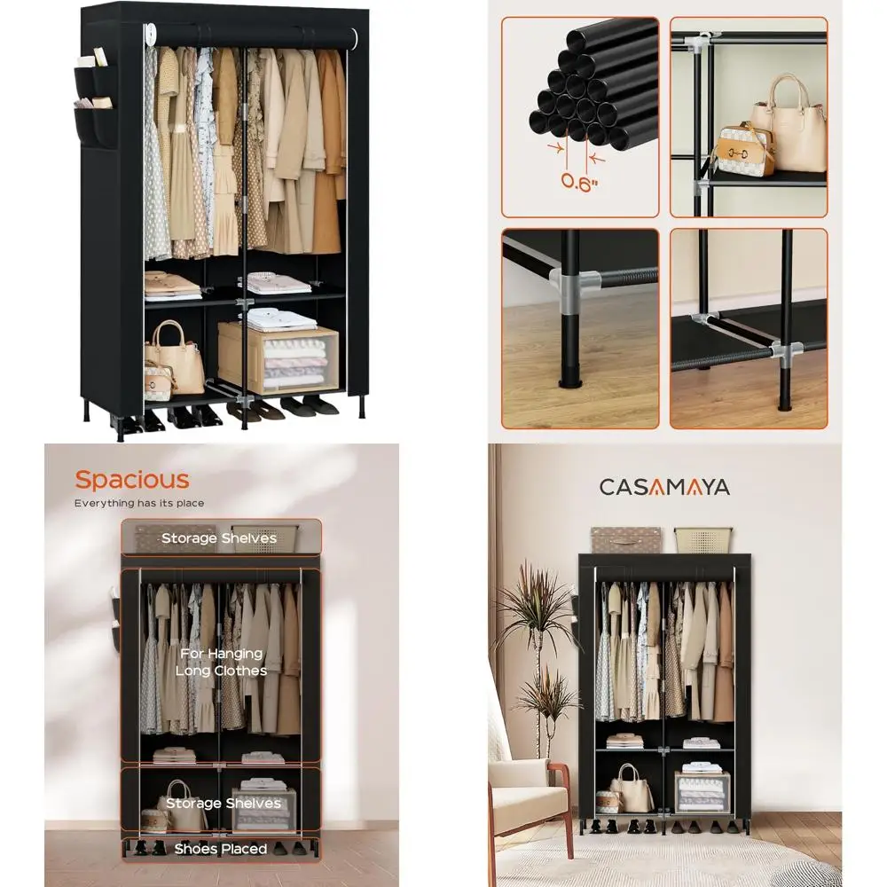 

Портативный шкаф-гардероб 34 дюйма с большой вместимостью, чехлом, полками, 2 штангами для одежды, простая сборка, черный