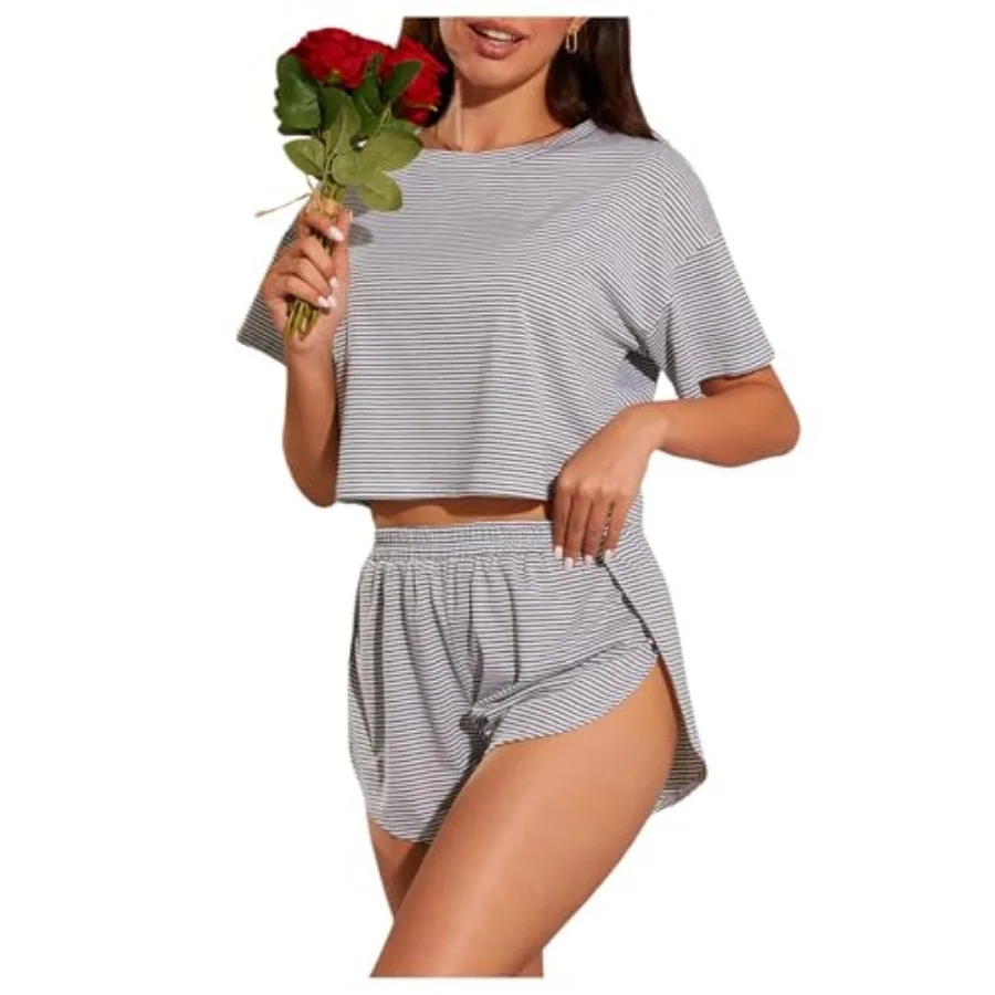 

OYOANGLE Womens Pajama Sets 2 Pcs Sexy Lounge Sets Summer Cute Pjs Striped Print Tee and Side Split Shorts Set