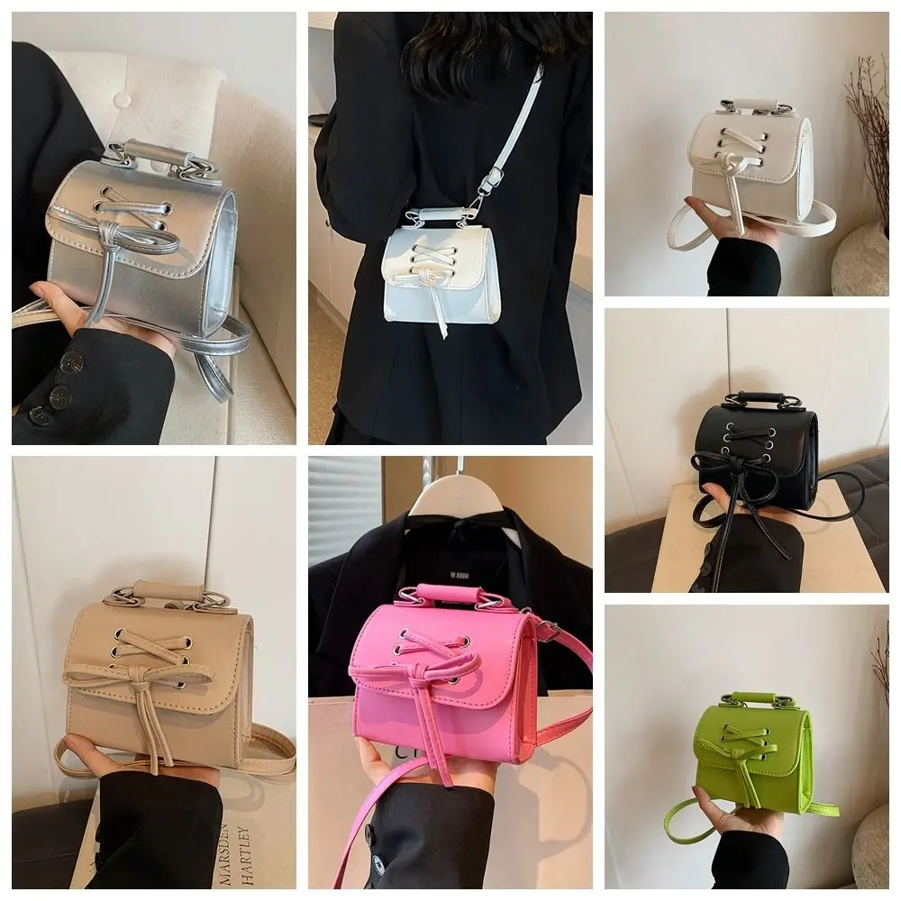 

Cute PU Leather Bowknot Shoulder Bag Korean Style with Handle Silver Square Bag Solid Color Purse Bow Crossbody Bag Travel