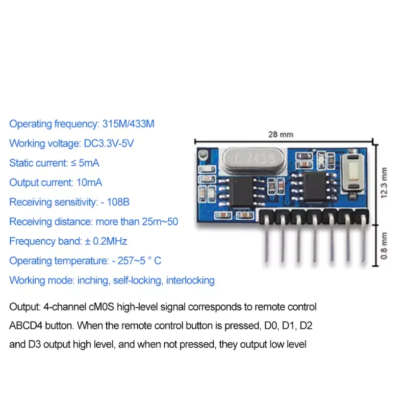 QIACHIP RX480E 433MHz 4-Channel Wireless RF Relay Receiver Module with Learning Button and RF Remote Control DIY Transmitter