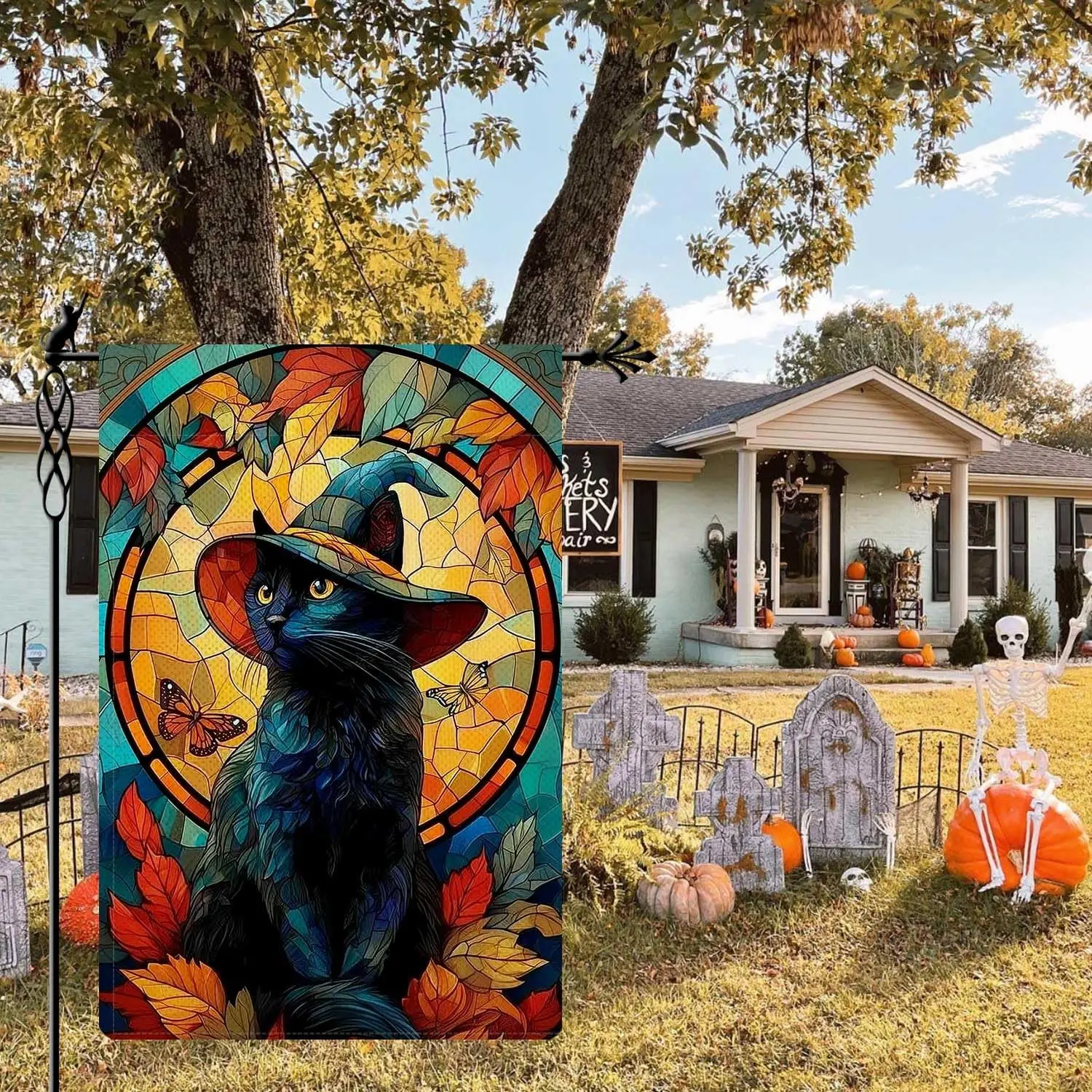 Halloween Wizard Cat Garden Flag Stained Glass Style Holiday Garden Flag Vertical Double Sided Rustic Farmland Burlap Yard L uui