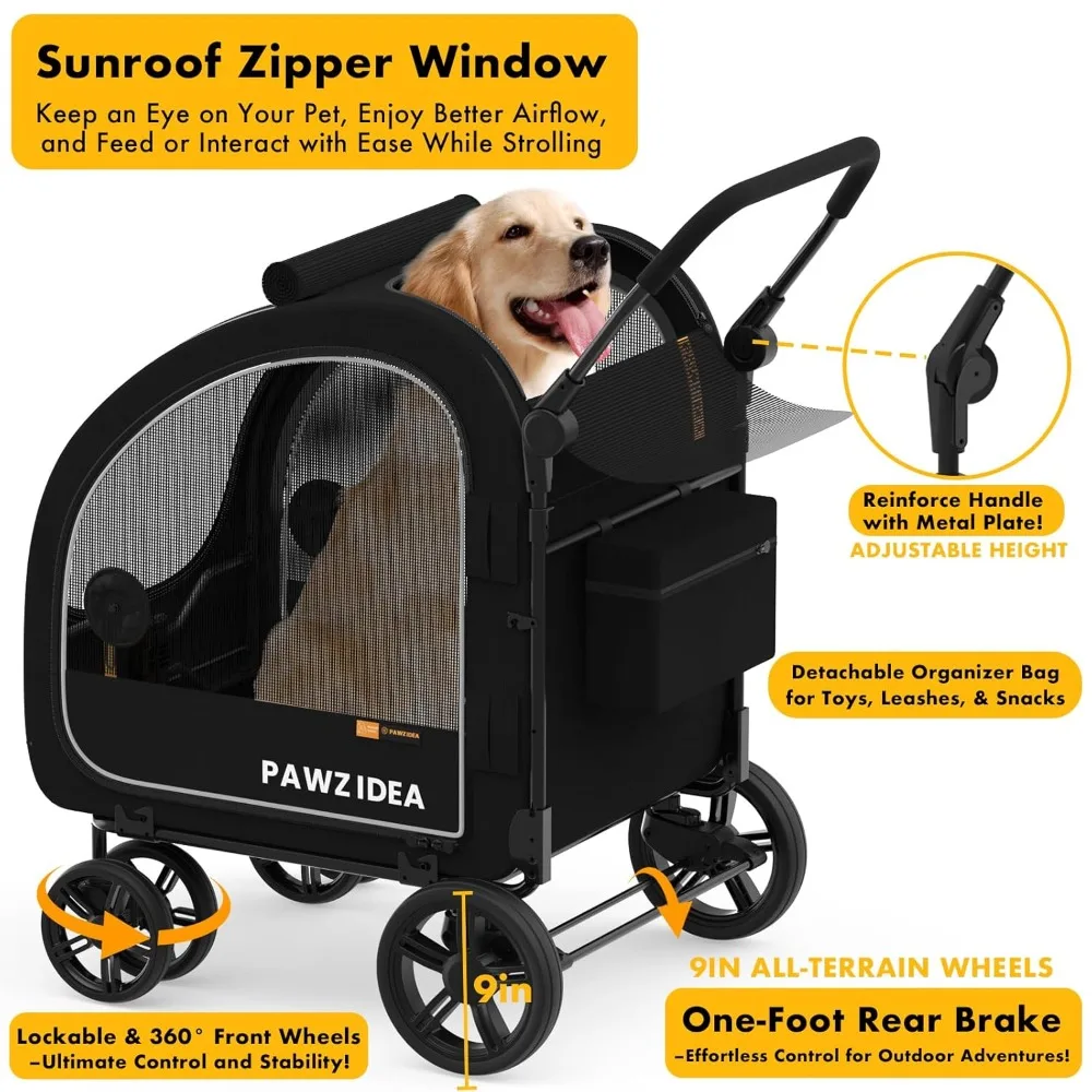 عربة كلب كبيرة مع حامل قابل للفصل للسفر في السيارة، عربة أطفال للحيوانات الأليفة لجميع التضاريس للكلاب المتوسطة حتى 80 رطل قابلة للتعديل #6