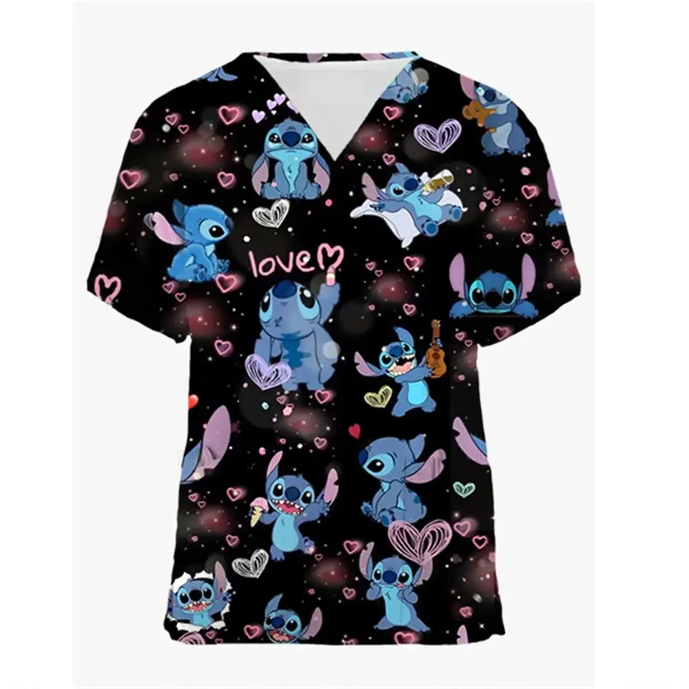 T-shirt Summer Pocket Shirts V Neck Woman Clothes Hospital Tops Disney Top Women 2024 Nurse Uniform Stitch T-shirts Tees Women's