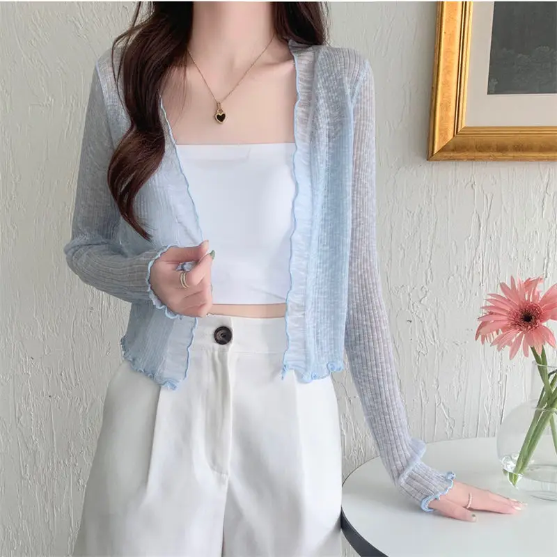 

Casual Knitted Cardigan Women Fashion Thin Sunscreen Fashion Knitwear Tops Y2k Girls Korean Style Solid Sweet Cropped Coat D584