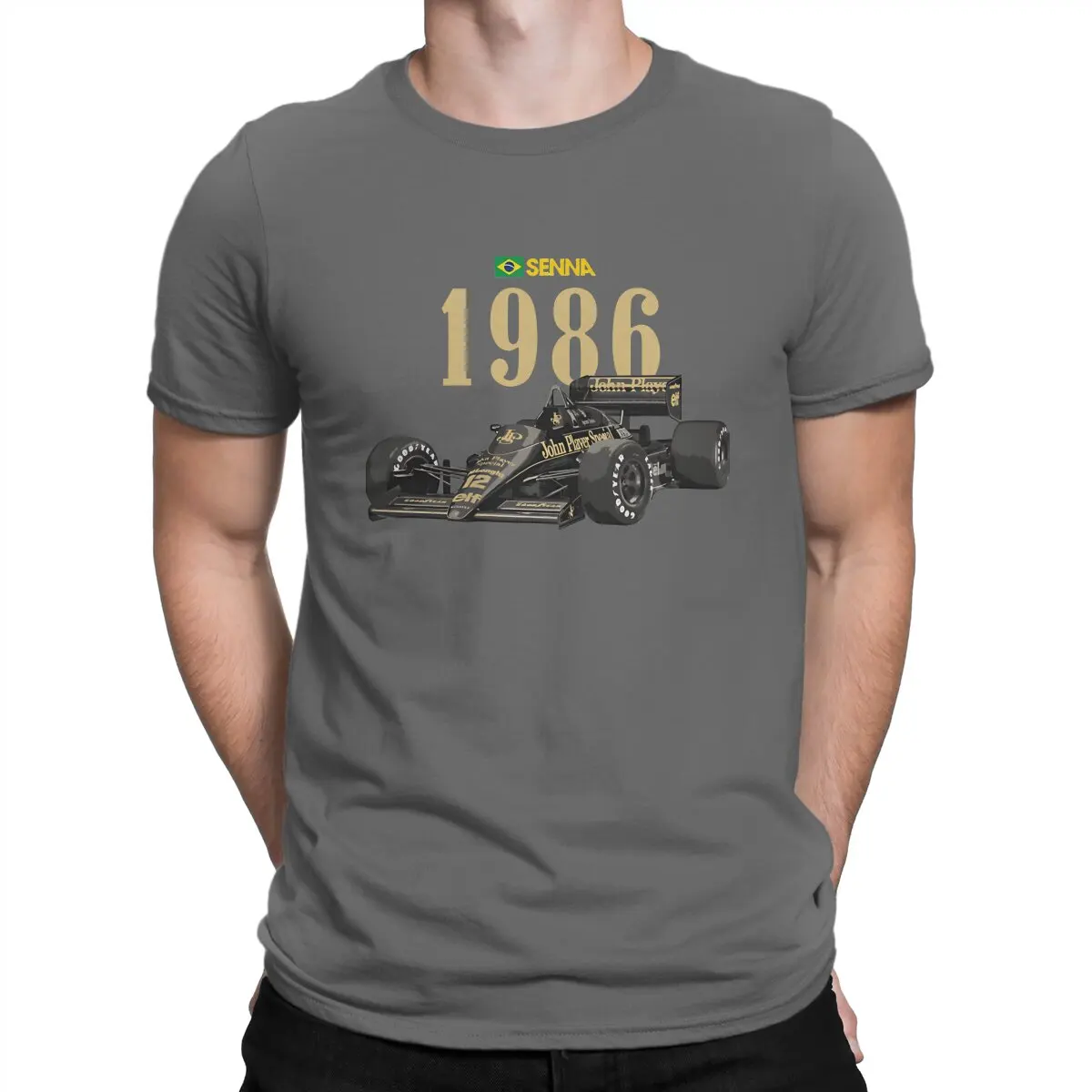 Ayrton Senna Da Silva Newest TShirt for Men 1986 F1 Round Collar Pure Cotton T Shirt Distinctive Birthday Gifts Streetwear