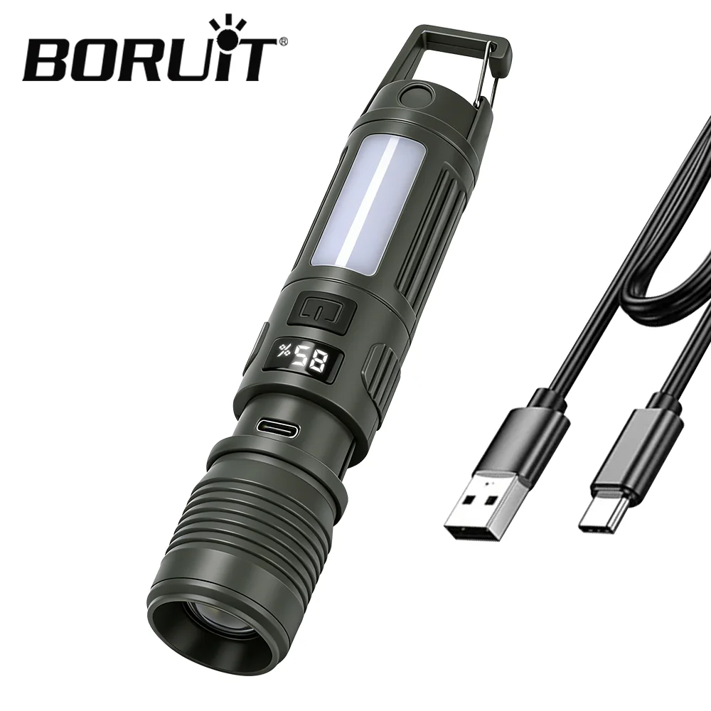BORUiT Zoomable Flashlight Digital Power Display Type-C Rechargeable 18650 Battery Waterproof Camping Hiking Emergency Torch