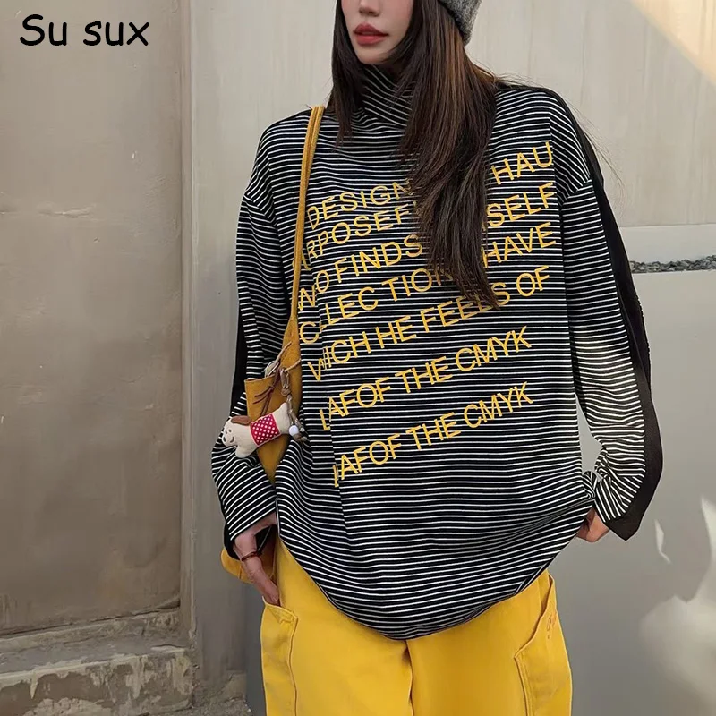 

Vintage Letter Striped Stand Collar Long Sleeve T Shirt Woman Tops Y2k Clothes Causal Pullover Oversized Undershirts Korean