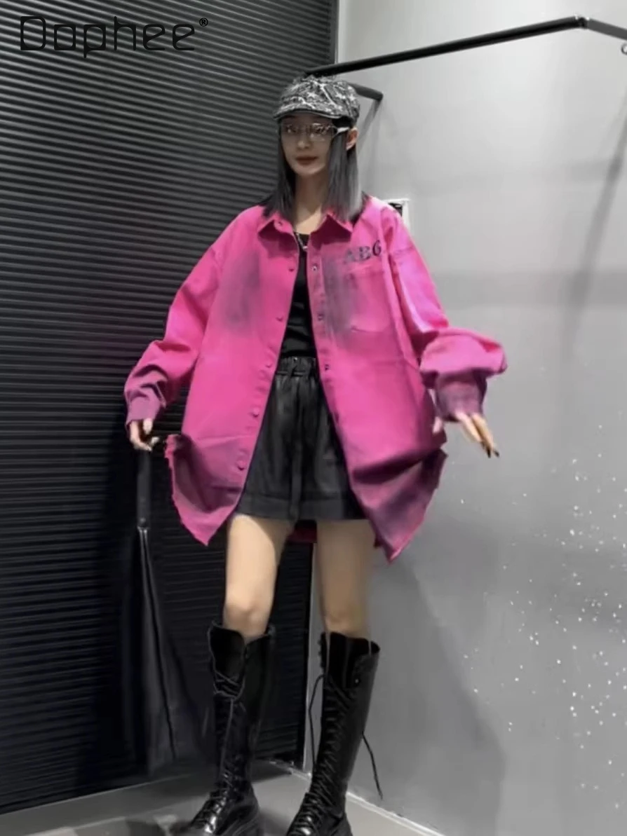 

European Shirt Women's 2026 Spring New Personalized Tie-dye Color-changing Front and Rear Letter Printing Loose Trendy Top