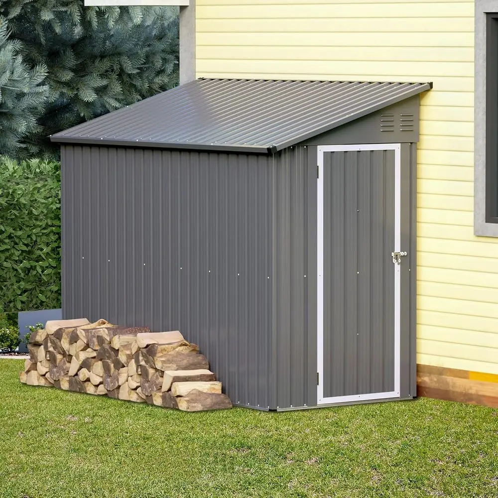 

4x8ft Lean-to Metal Storage Shed with Lockable Cabinet, Ideal for Outdoor Tools, Bikes, Mowers, and Garden Patio, Grey