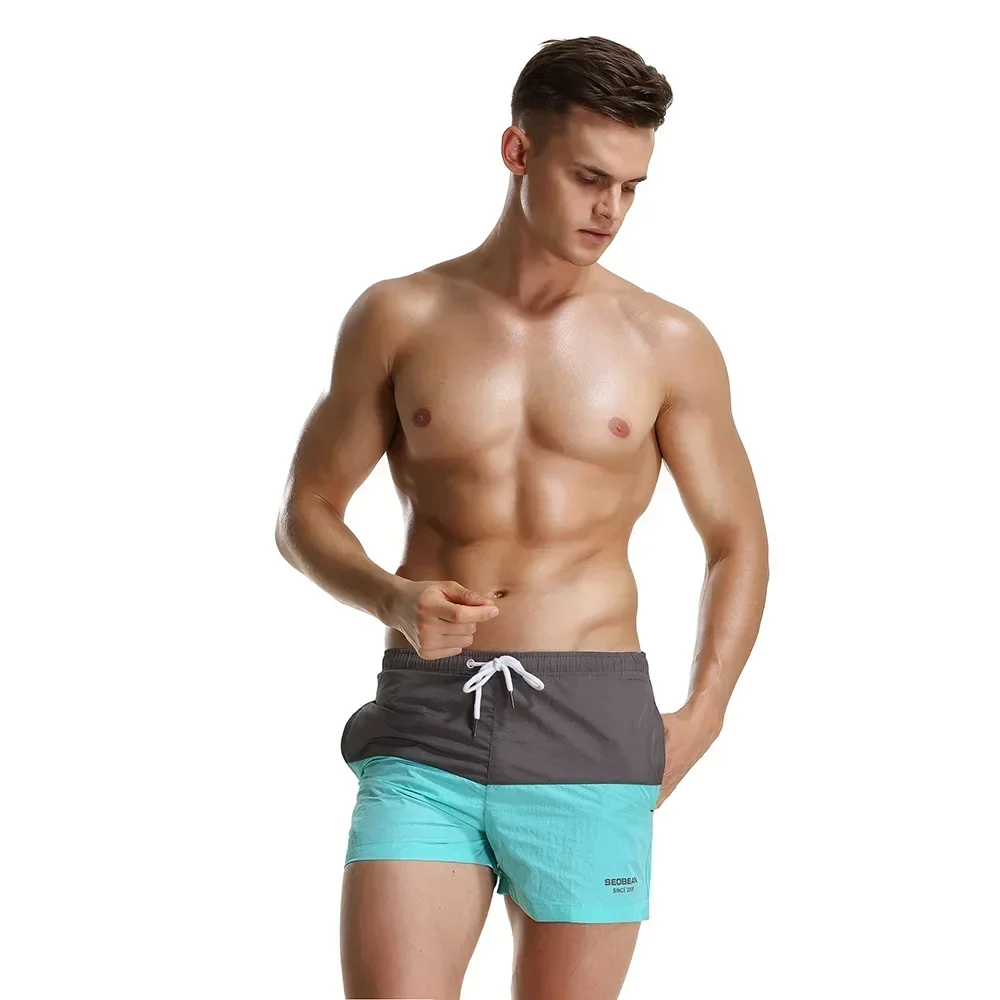 Men's Fashion Board Shorts Youth Strap Tie Casual Two-color Splicing Loose Sportswear Casual Contrast Homewear Pocket Swim Trunk